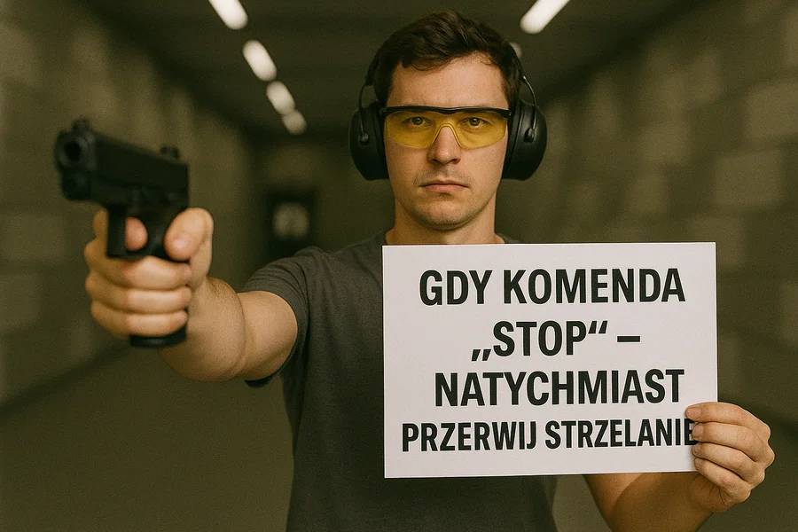 Strzelec na stanowisku strzelnicy sportowej podczas strzelania
