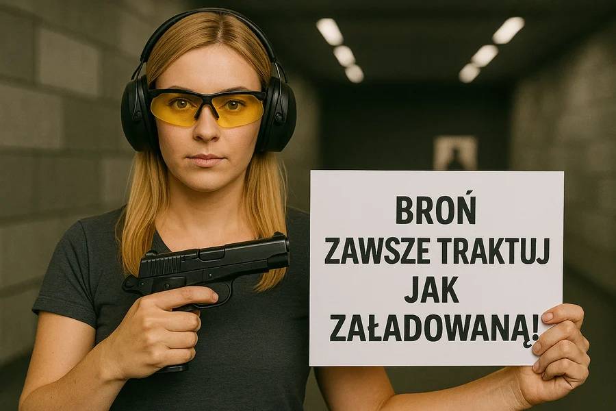 Początkujący strzelec na stanowisku strzelnicy w ochronnikach słuchu i okularach