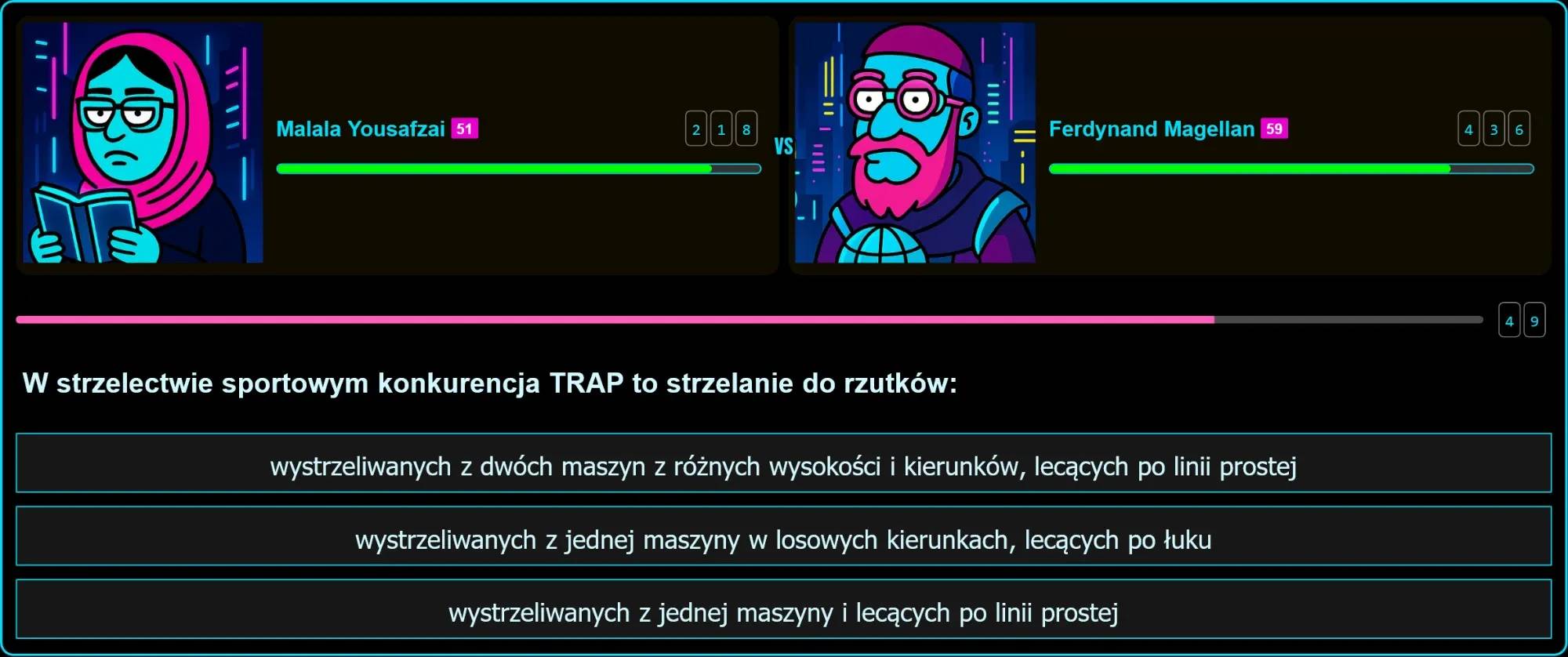 Schemat lotu rzutków w konkurencji trap: jedna maszyna, losowe kierunki, tor po łuku