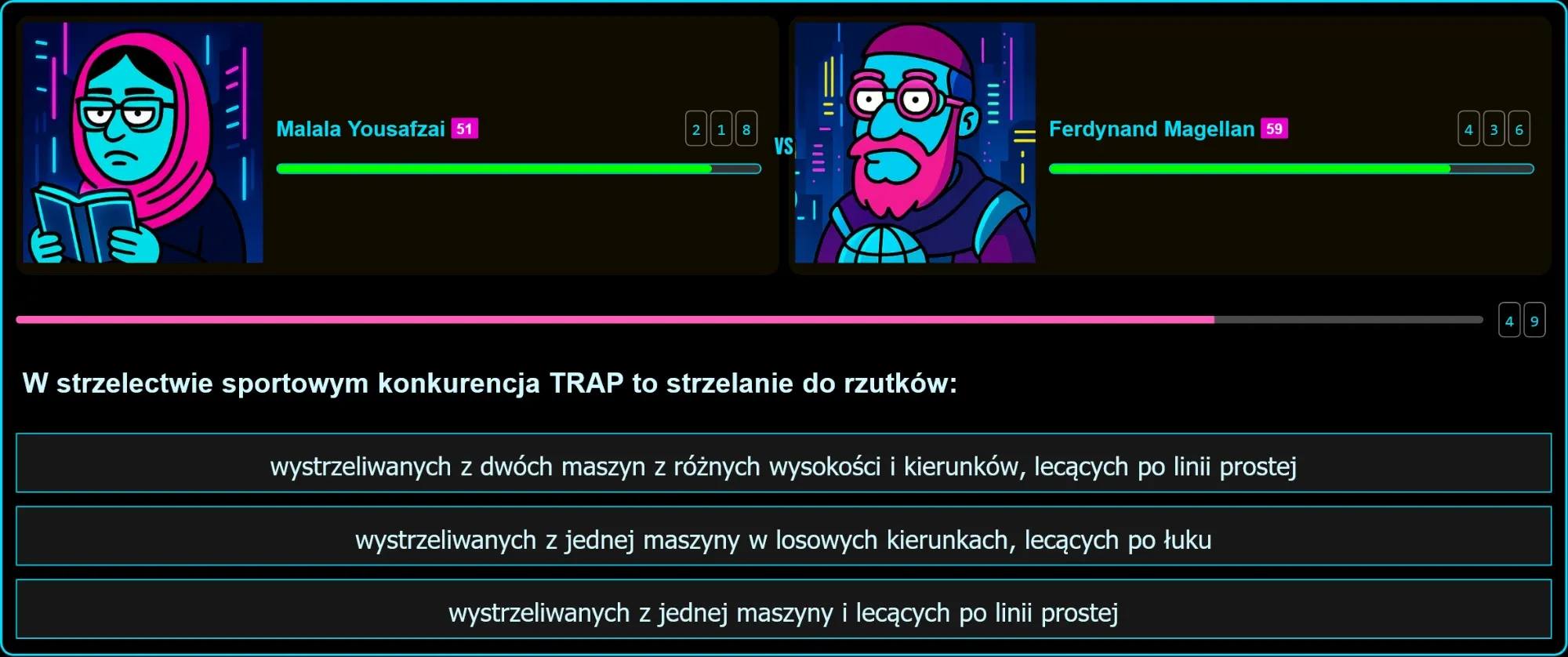 Schemat lotu rzutków w konkurencji trap: jedna maszyna, losowe kierunki, tor po łuku