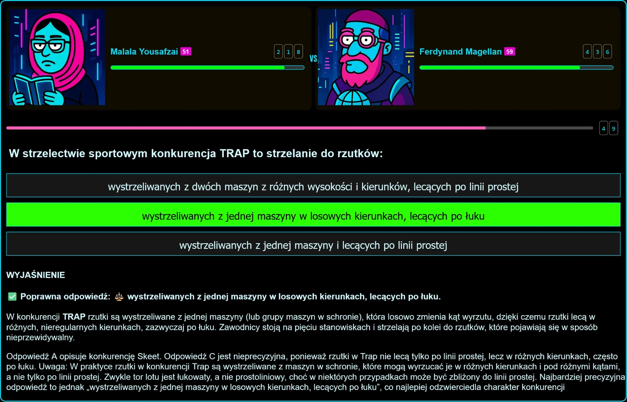 Schemat lotu rzutków w konkurencji TRAP po łuku w różnych kierunkach
