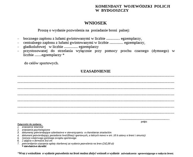podanie o wydanie pozwolenia na broń palną WPA
